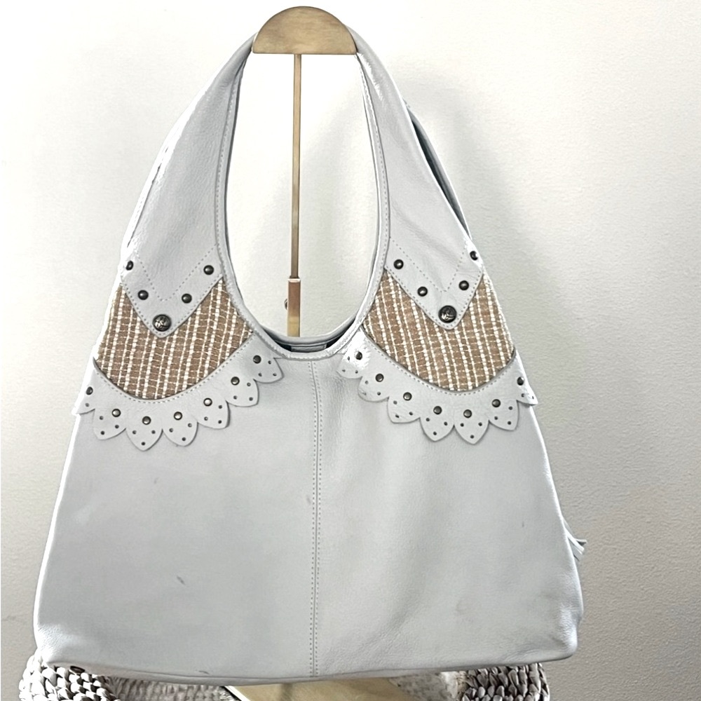 KATE LANDRY White Leather Hobo Shoulder Bag With Tan Tweed Accent Boho Chic EUC